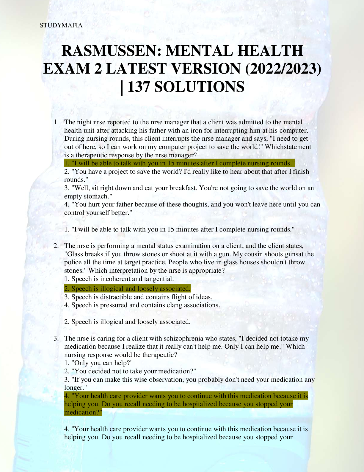 Preview image for RASMUSSEN: MENTAL HEALTH EXAM 2 LATEST VERSION (2022/2023) | 137 SOLUTIONS